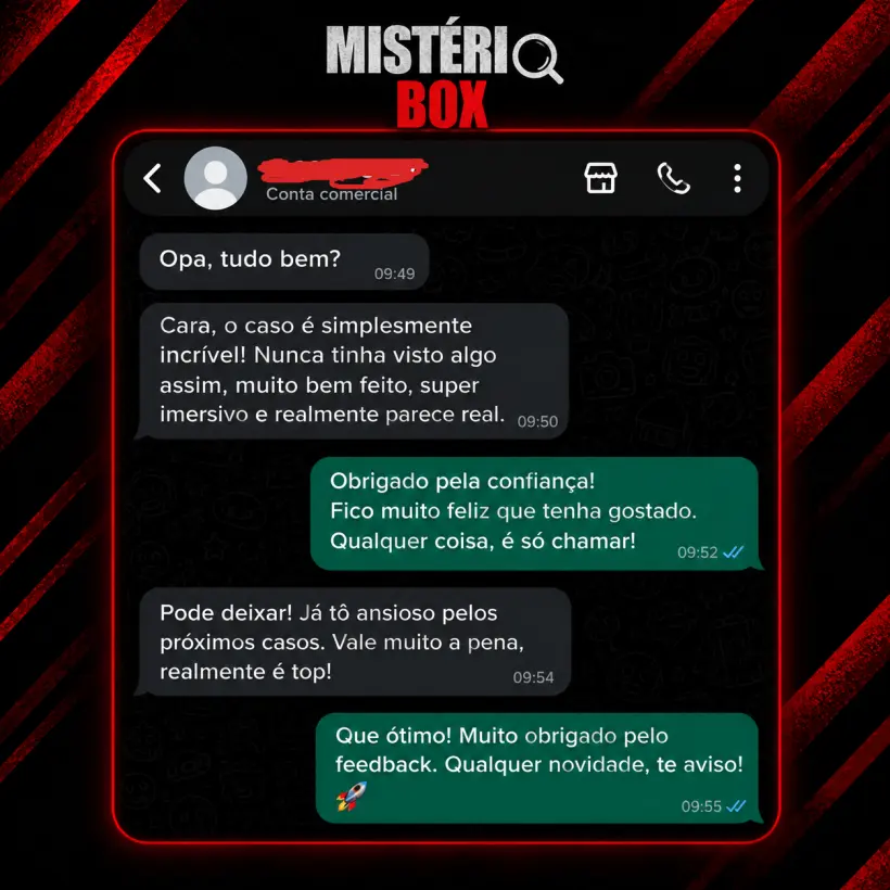 Conversa de cliente elogiando a experiência Mistério Box 1