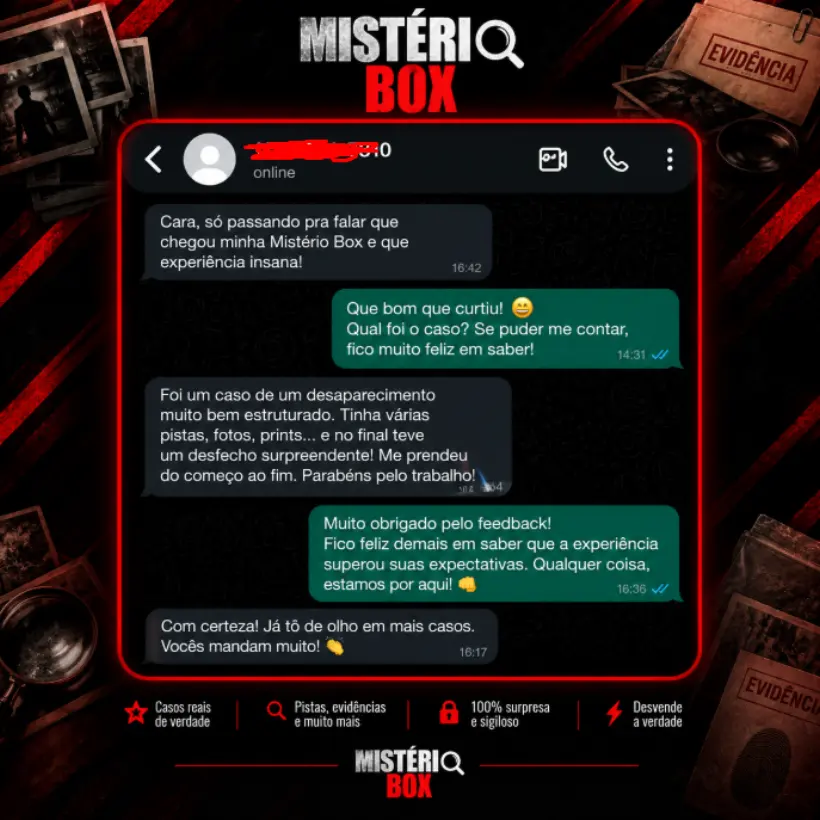 Conversa de cliente elogiando a experiência Mistério Box 3