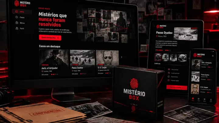 Composição da Mistério Box com monitor, celular e caixa preta em mesa de investigação